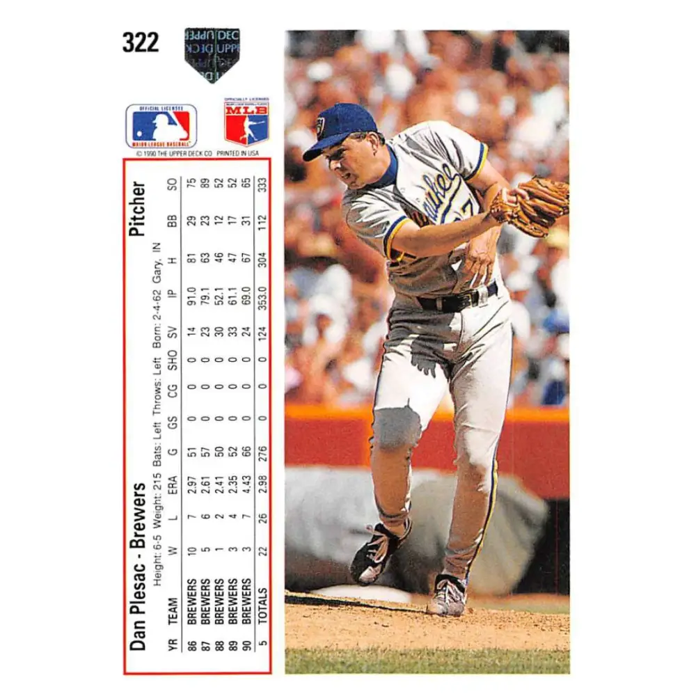 1991 Upper Deck #322 Dan Plesac NM-MT Milwaukee Brewers Baseball Card Image 2