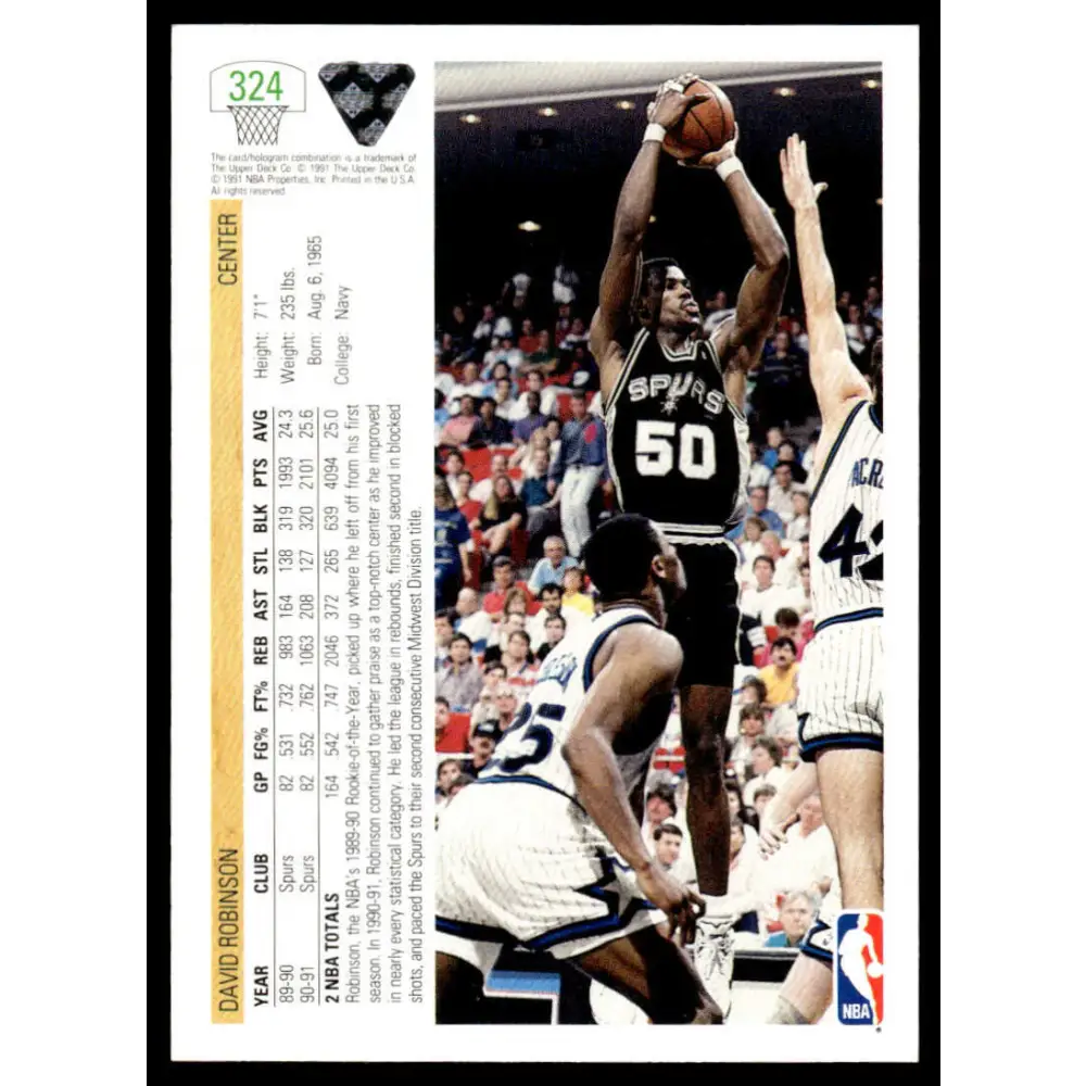 1991 Upper Deck #324 David Robinson NM/MT San Antonio Spurs Basketball Card Image 2