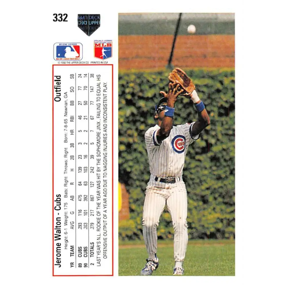 1991 Upper Deck #332 Jerome Walton NM-MT Chicago Cubs Baseball Card Image 2
