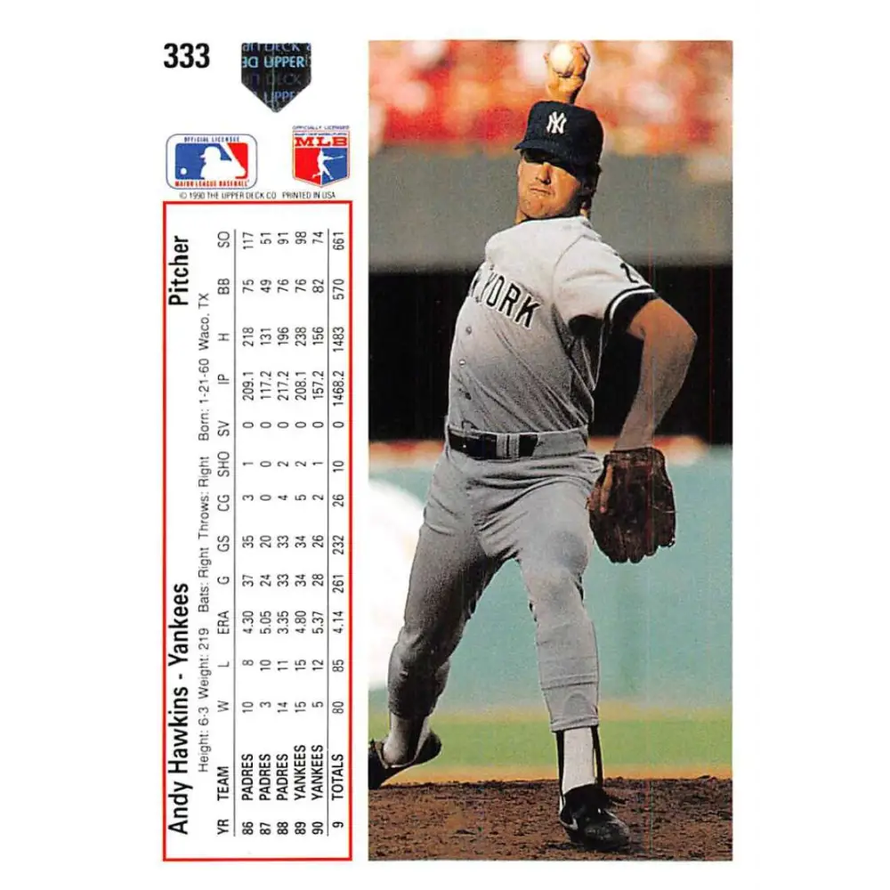1991 Upper Deck #333 Andy Hawkins NM-MT New York Yankees Baseball Card Image 2