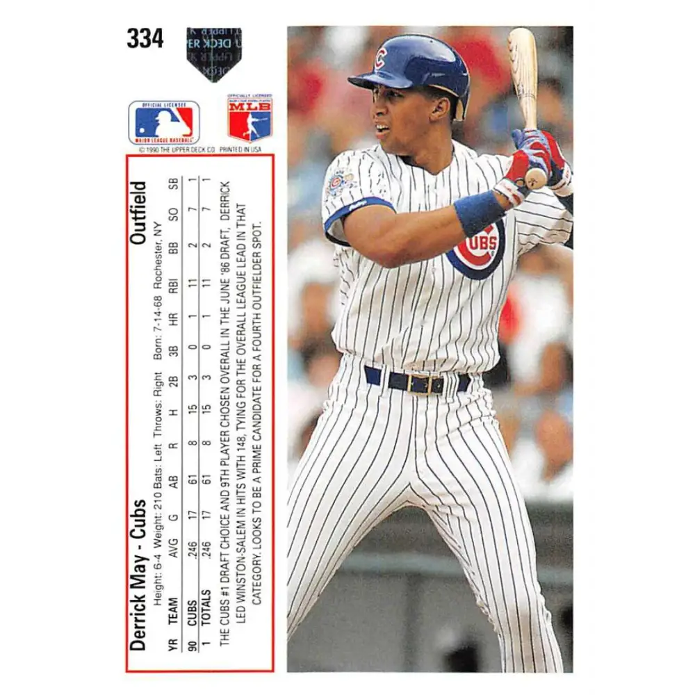 1991 Upper Deck #334 Derrick May EX Excellent Chicago Cubs Baseball Card  Image 2