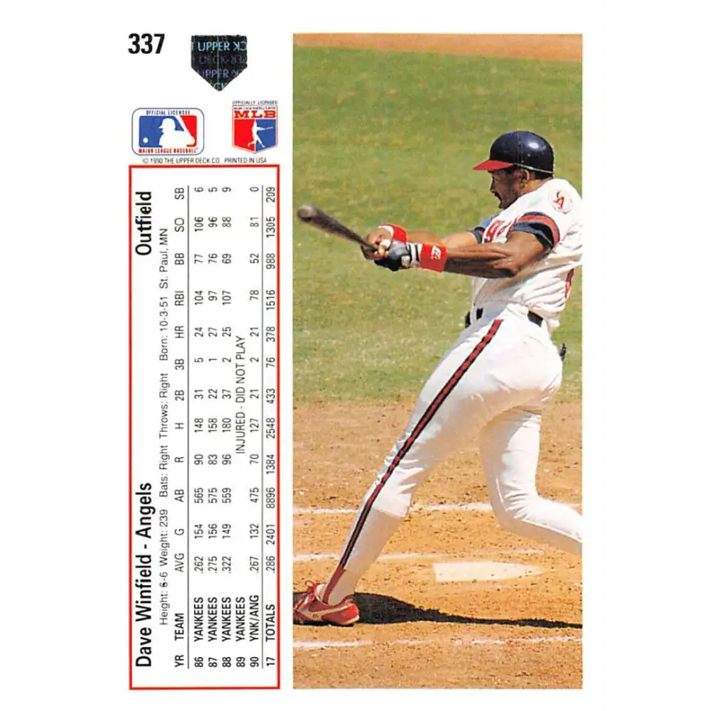 1991 Upper Deck #337 Dave Winfield NM-MT California Angels Baseball Card Image 2