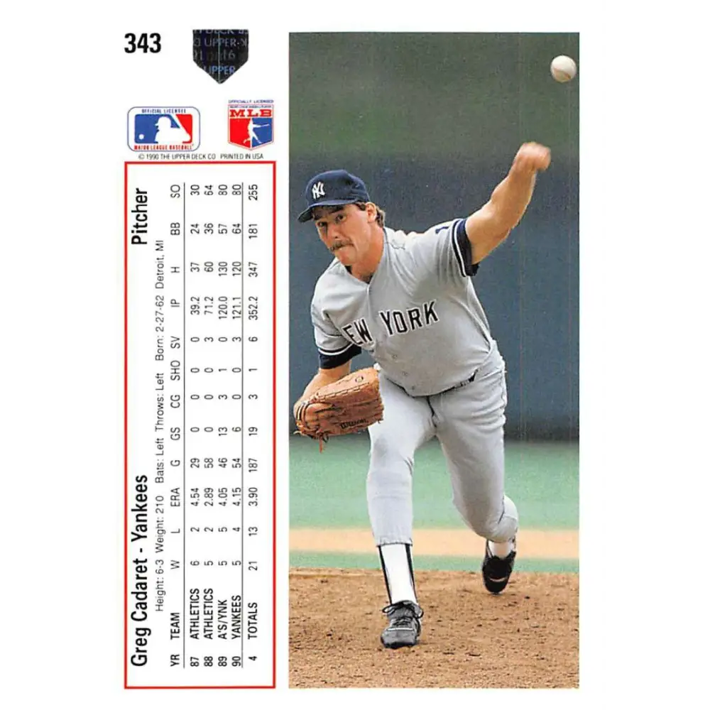1991 Upper Deck #343 Greg Cadaret EX Excellent New York Yankees Baseball Card  Image 2