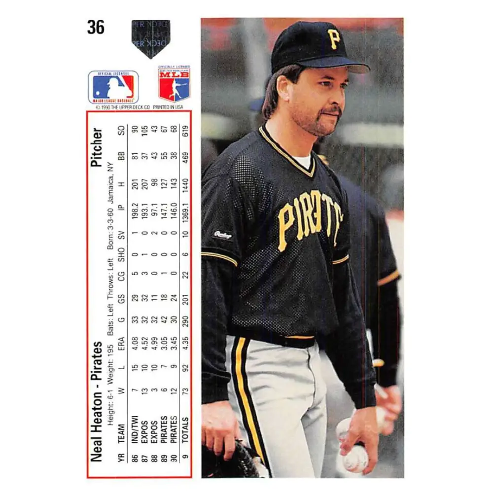 1991 Upper Deck #36 Neal Heaton NM-MT Pittsburgh Pirates Baseball Card Image 2