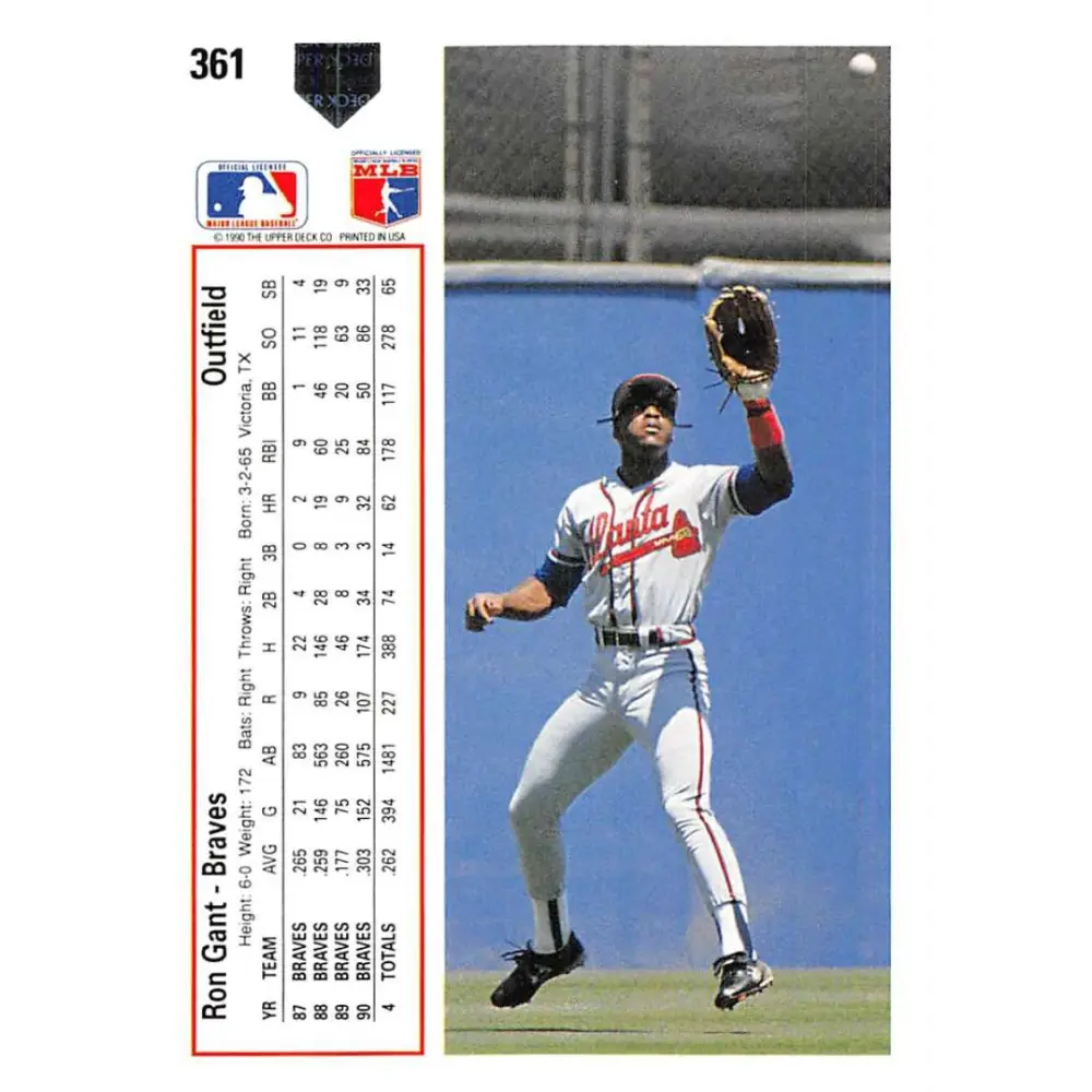 1991 Upper Deck #361 Ron Gant NM-MT Atlanta Braves Baseball Card Image 2