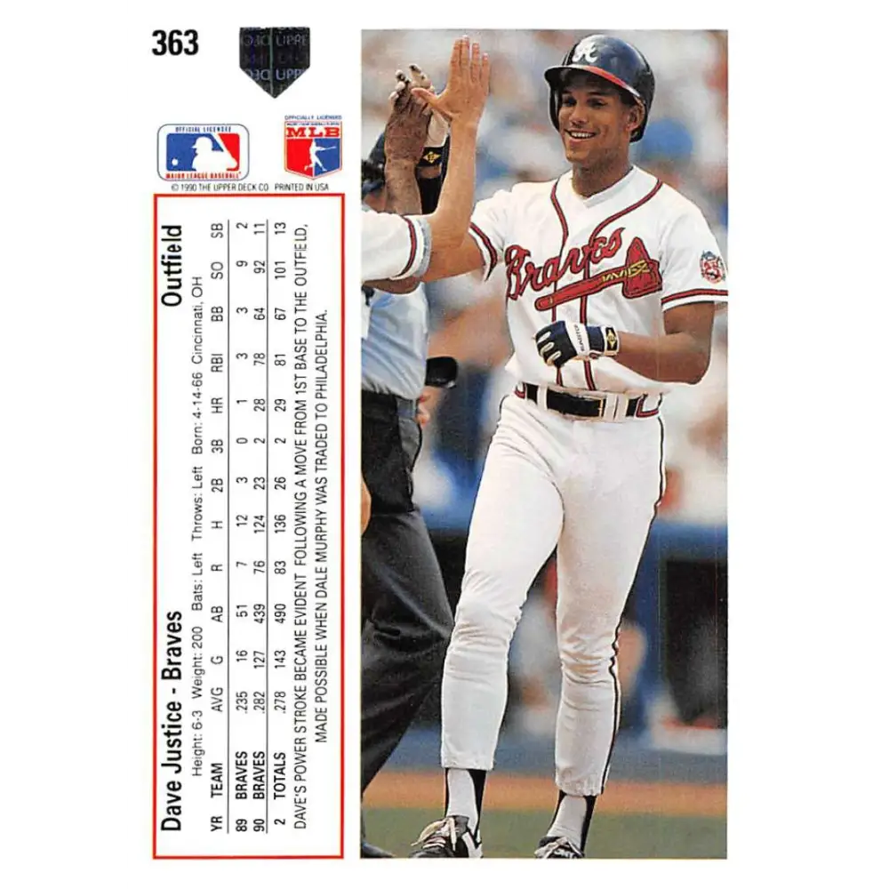 1991 Upper Deck #363 David Justice EX Excellent Atlanta Braves Baseball Card  Image 2