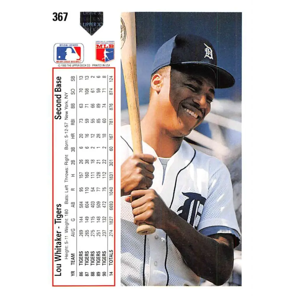 1991 Upper Deck #367 Lou Whitaker EX Excellent Detroit Tigers Baseball Card  Image 2