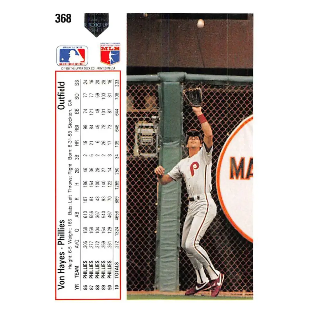 1991 Upper Deck #368 Von Hayes EX Excellent Philadelphia Phillies Baseball Card  Image 2