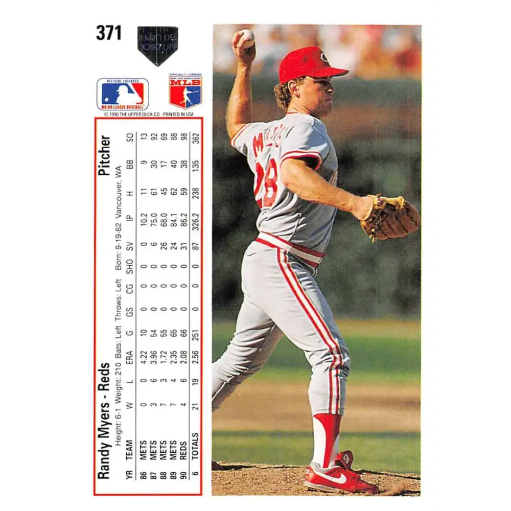 1991 Upper Deck #371 Randy Myers EX Excellent Cincinnati Reds Baseball Card  Image 2