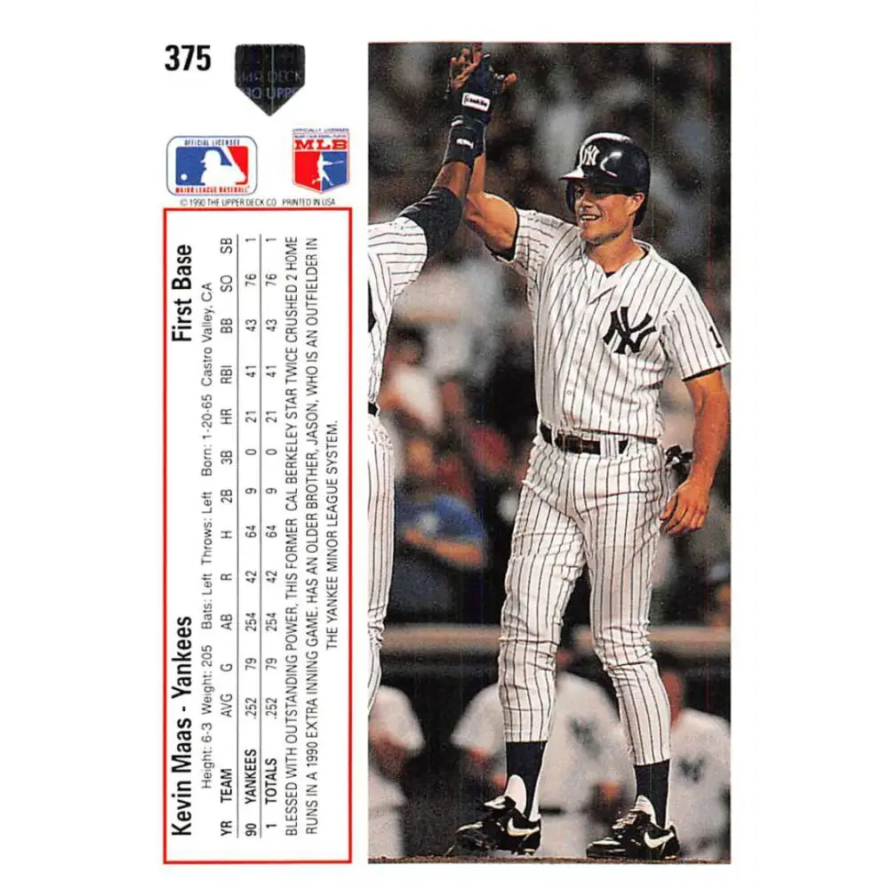 1991 Upper Deck #375 Kevin Maas EX Excellent New York Yankees Baseball Card  Image 2