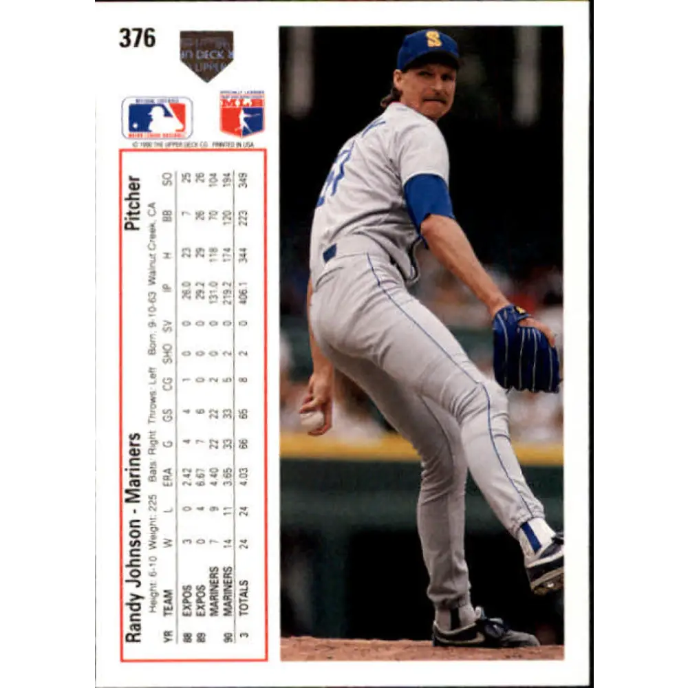 1991 Upper Deck #376 Randy Johnson EX Excellent Seattle Mariners Baseball Card  Image 2