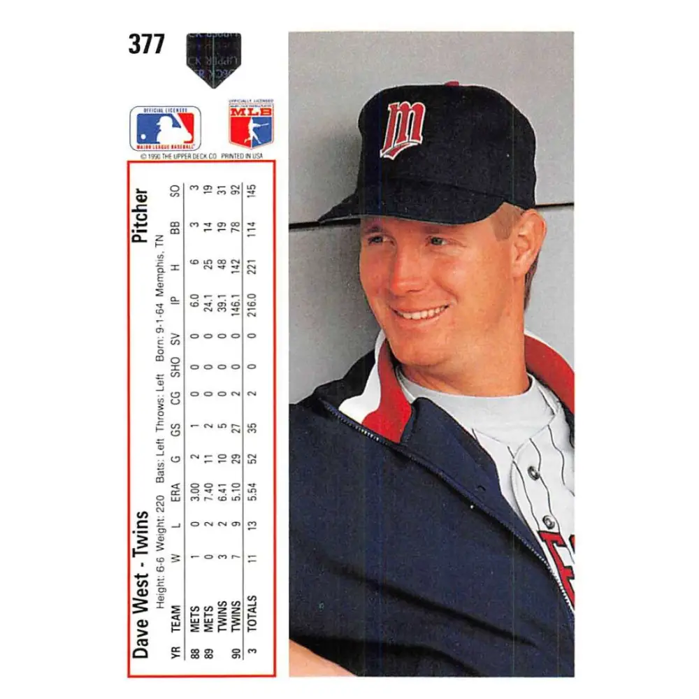 1991 Upper Deck #377 David West NM-MT Minnesota Twins Baseball Card Image 2