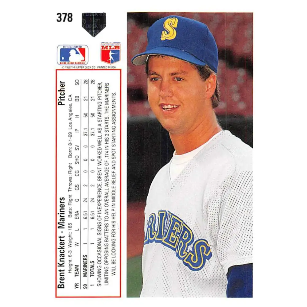 1991 Upper Deck #378 Brent Knackert EX Excellent Seattle Mariners Baseball Card  Image 2