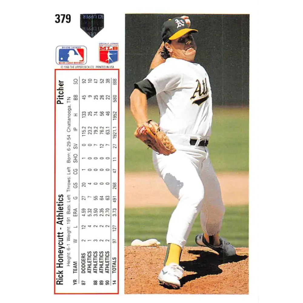 1991 Upper Deck #379 Rick Honeycutt EX Excellent Oakland Athletics Baseball Card  Image 2
