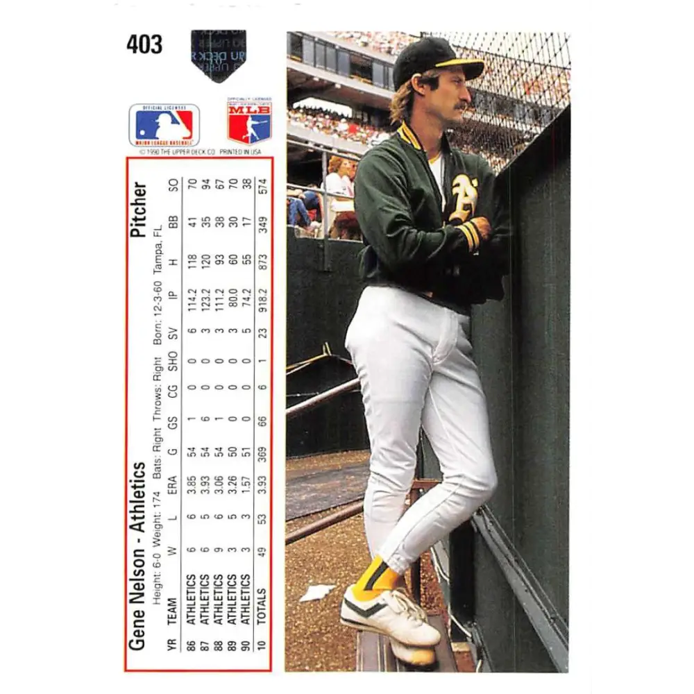 1991 Upper Deck #403 Gene Nelson NM-MT Oakland Athletics Baseball Card Image 2