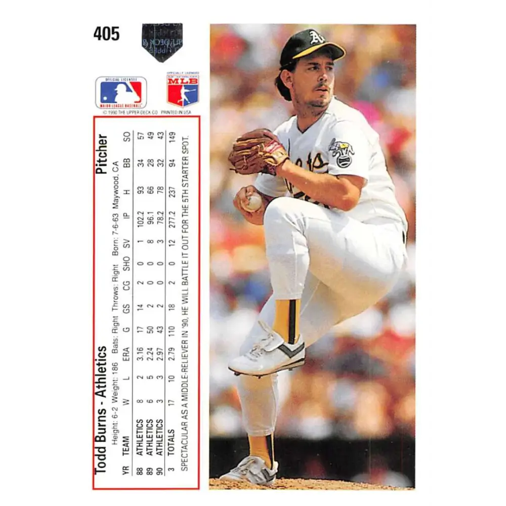 1991 Upper Deck #405 Todd Burns NM-MT Oakland Athletics Baseball Card Image 2
