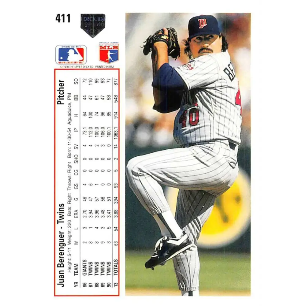 1991 Upper Deck #411 Juan Berenguer NM-MT Minnesota Twins Baseball Card Image 2