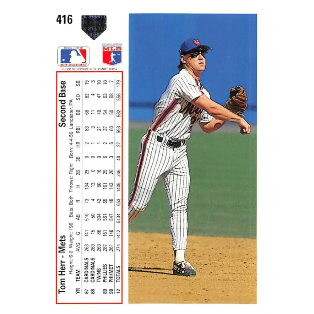 1991 Upper Deck #416 Tom Herr EX Excellent New York Mets Baseball Card  Image 2