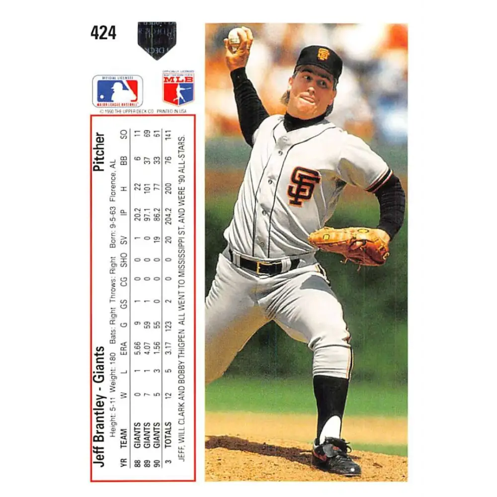 1991 Upper Deck #424 Jeff Brantley NM-MT San Francisco Giants Baseball Card Image 2
