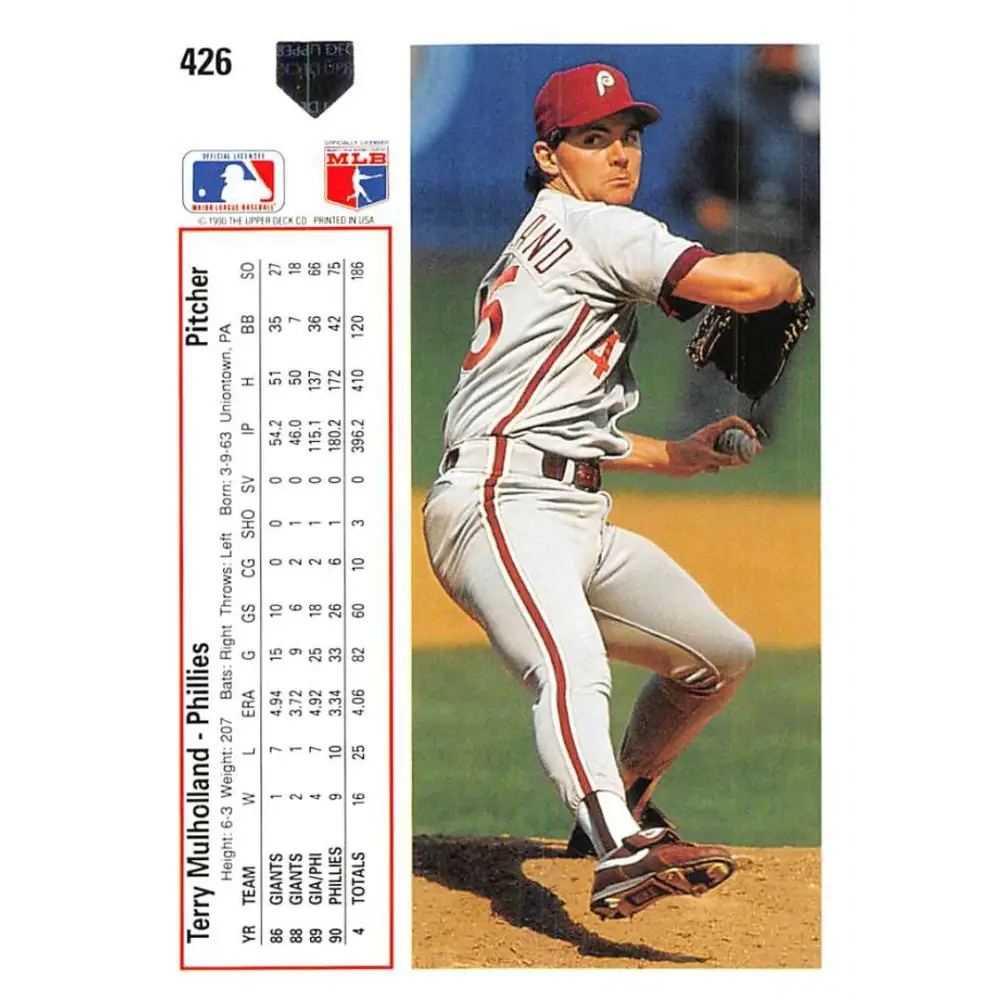 1991 Upper Deck #426 Terry Mulholland NM-MT Philadelphia Phillies Baseball Card Image 2