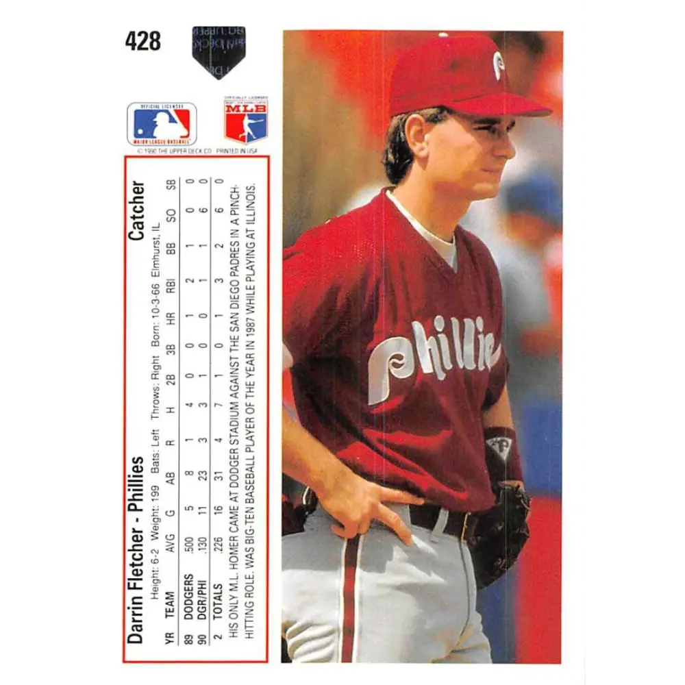 1991 Upper Deck #428 Darrin Fletcher EX Excellent Philadelphia Phillies Baseball Card  Image 2