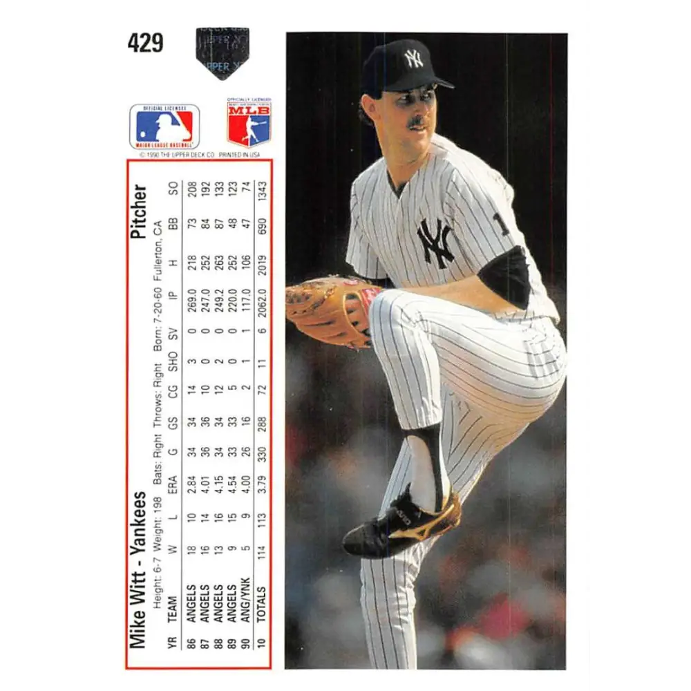 1991 Upper Deck #429 Mike Witt EX Excellent New York Yankees Baseball Card  Image 2