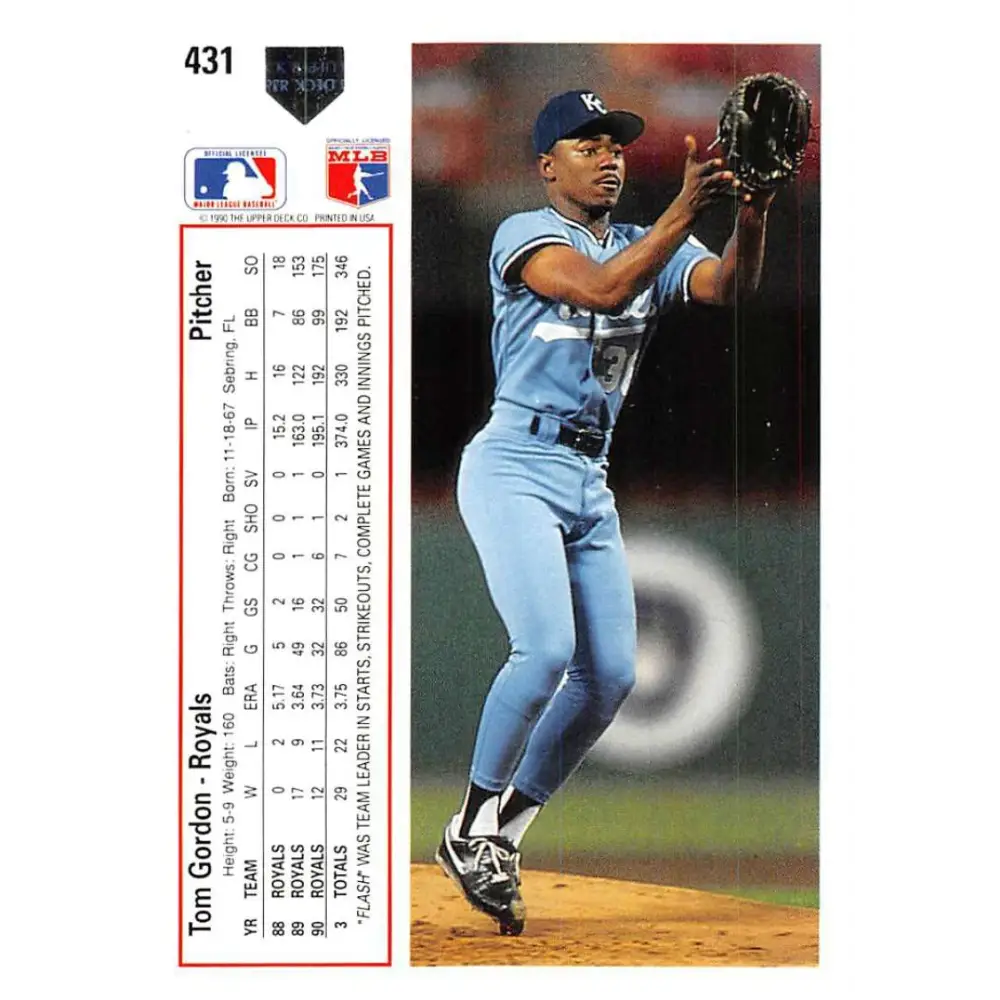 1991 Upper Deck #431 Tom Gordon EX Excellent Kansas City Royals Baseball Card  Image 2