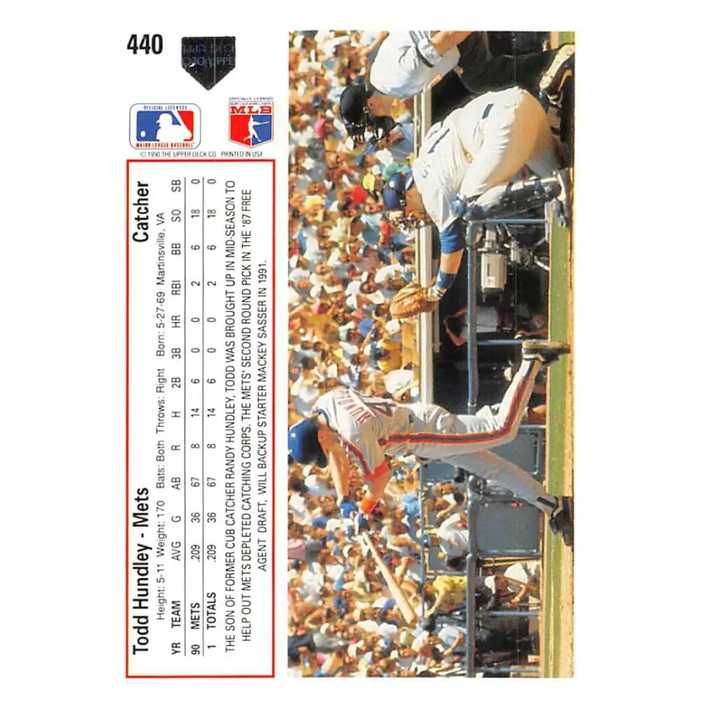 1991 Upper Deck #440 Todd Hundley EX Excellent New York Mets Baseball Card  Image 2