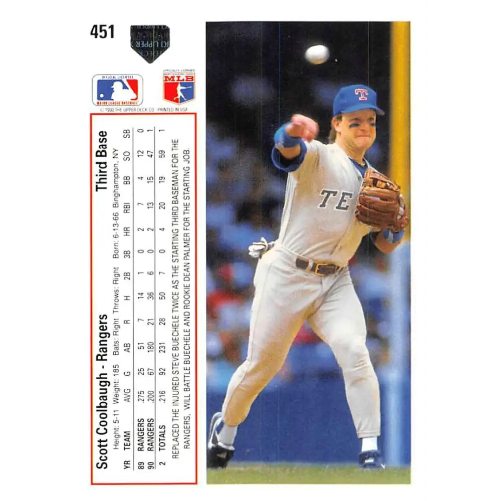 1991 Upper Deck #451 Scott Coolbaugh NM-MT Texas Rangers Baseball Card Image 2