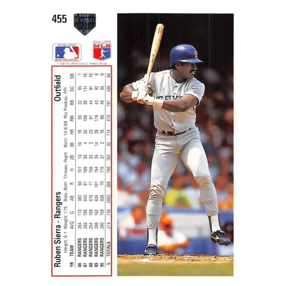 1991 Upper Deck #455 Ruben Sierra EX Excellent Texas Rangers Baseball Card  Image 2
