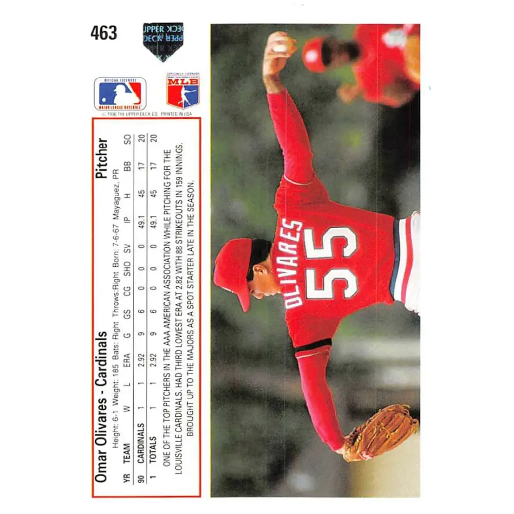 1991 Upper Deck #463 Omar Olivares EX Excellent RC Rookie St. Louis Cardinals Baseball Card  Image 2