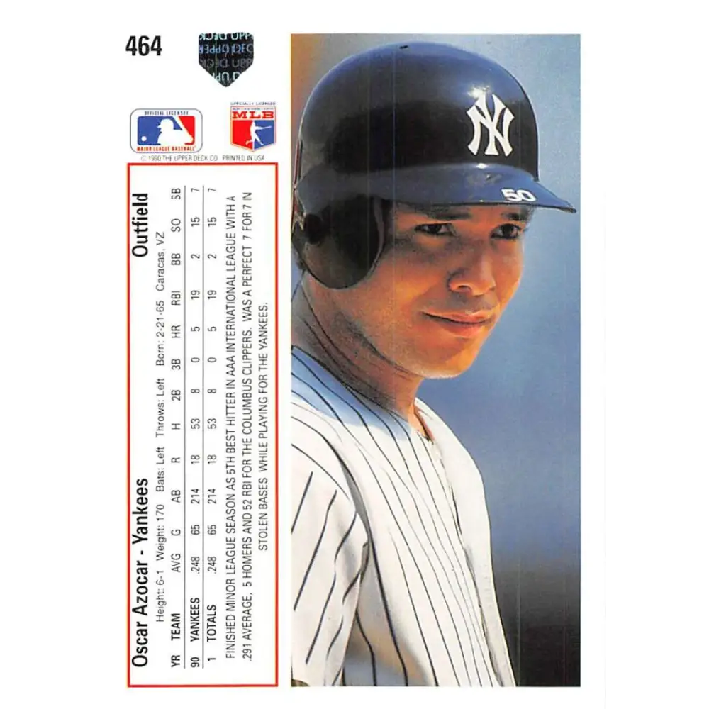 1991 Upper Deck #464 Oscar Azocar NM-MT New York Yankees Baseball Card Image 2