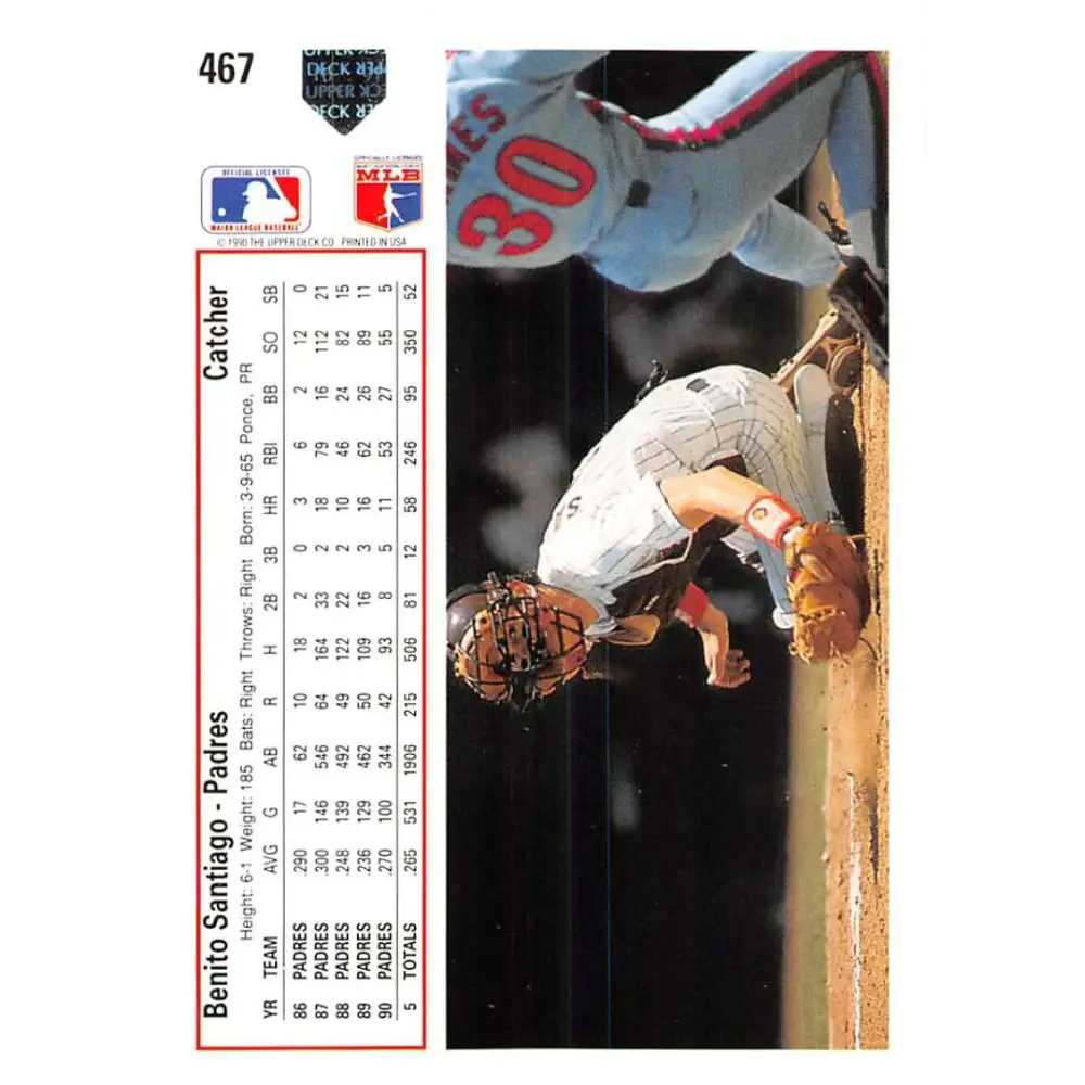 1991 Upper Deck #467 Benito Santiago NM-MT San Diego Padres Baseball Card Image 2