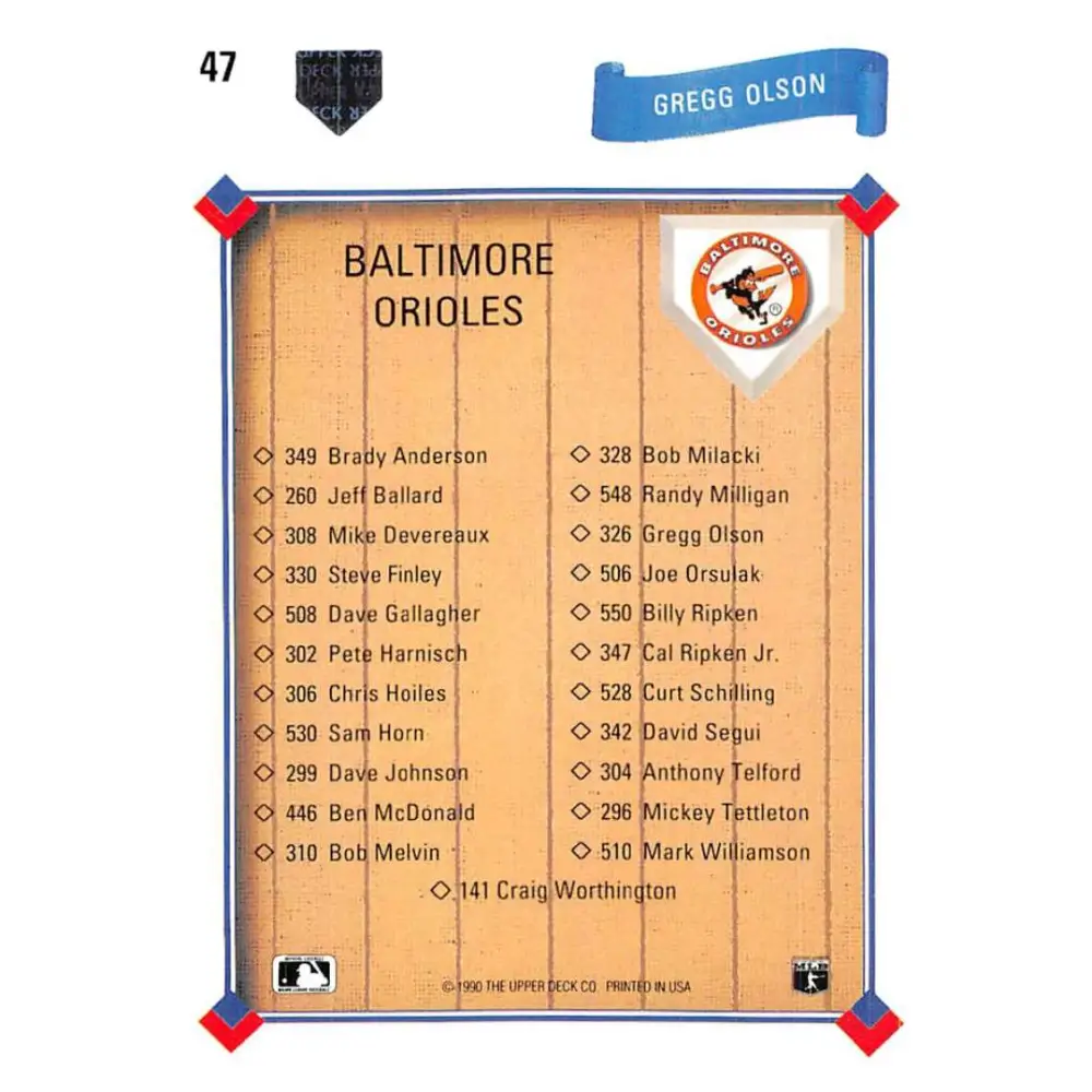 1991 Upper Deck #47 Gregg Olson TC NM-MT Baltimore Orioles Baseball Card Image 2