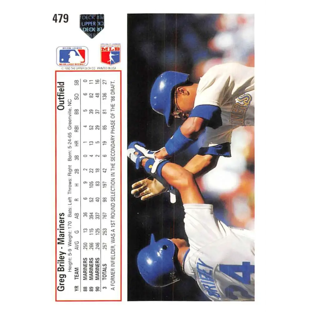 1991 Upper Deck #479 Greg Briley NM-MT Seattle Mariners Baseball Card Image 2