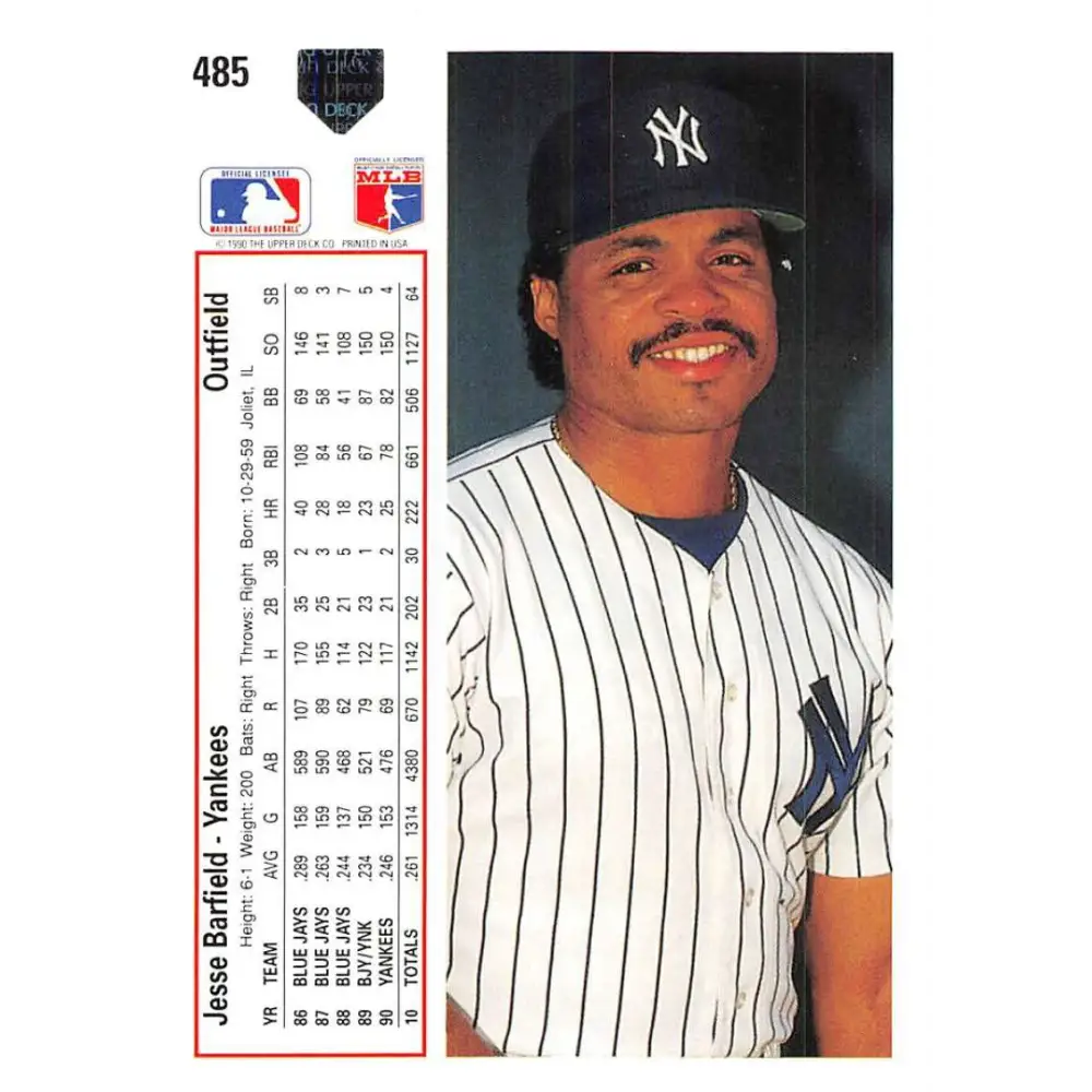 1991 Upper Deck #485 Jesse Barfield EX Excellent New York Yankees Baseball Card  Image 2