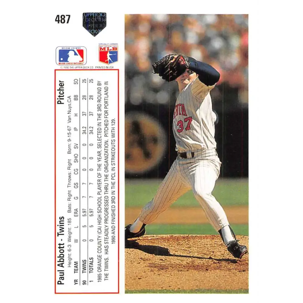 1991 Upper Deck #487 Paul Abbott NM-MT RC Rookie Minnesota Twins Baseball Card Image 2