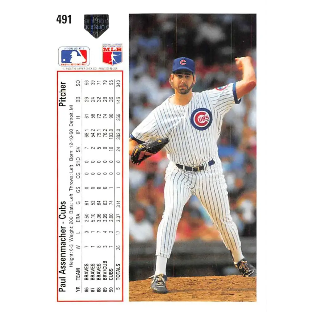 1991 Upper Deck #491 Paul Assenmacher EX Excellent Chicago Cubs Baseball Card  Image 2