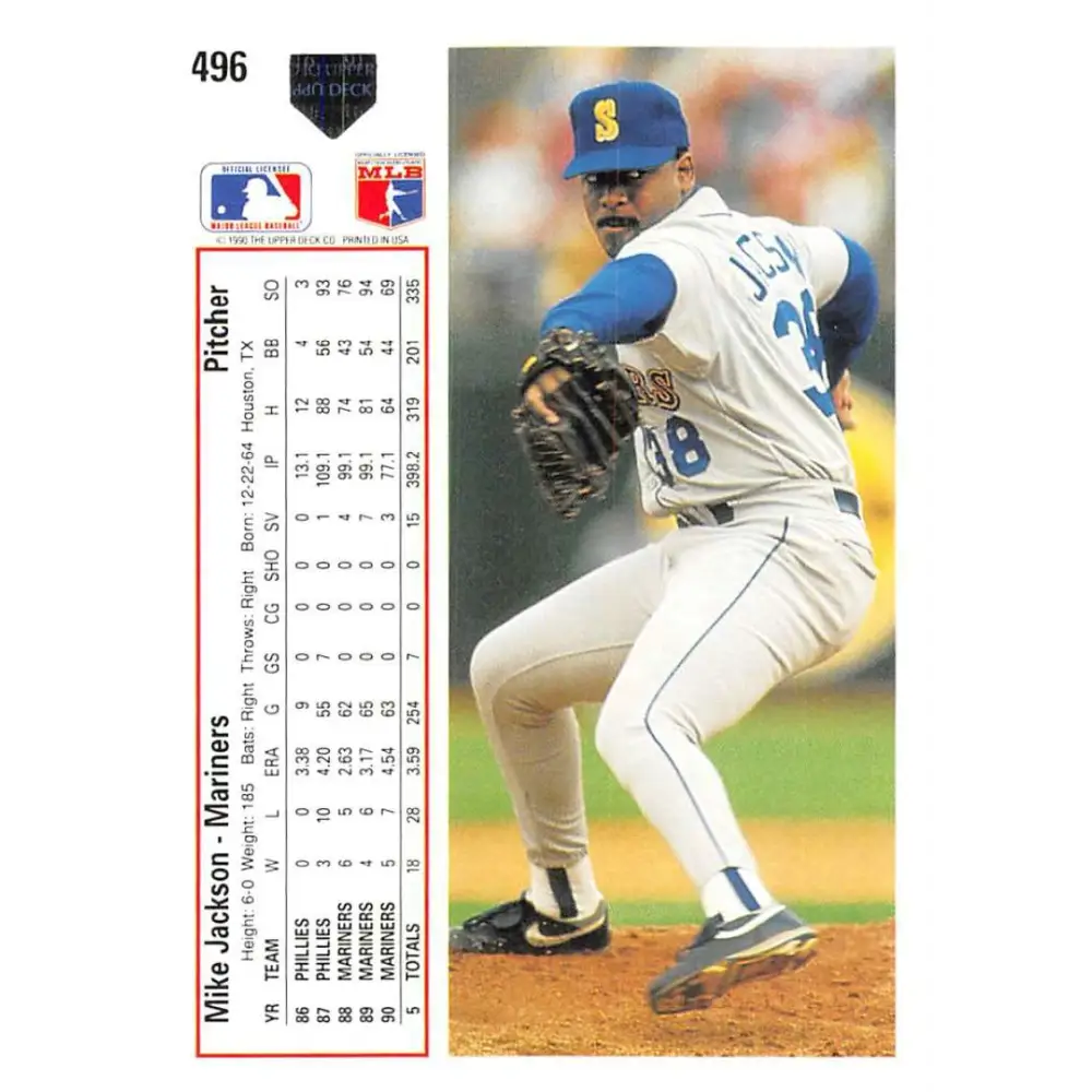 1991 Upper Deck #496 Mike Jackson NM-MT Seattle Mariners Baseball Card Image 2
