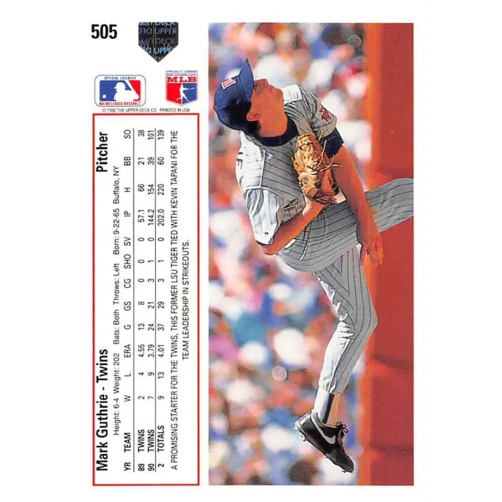 1991 Upper Deck #505 Mark Guthrie NM-MT Minnesota Twins Baseball Card Image 2
