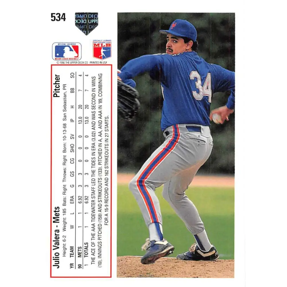 1991 Upper Deck #534 Julio Valera NM-MT New York Mets Baseball Card Image 2