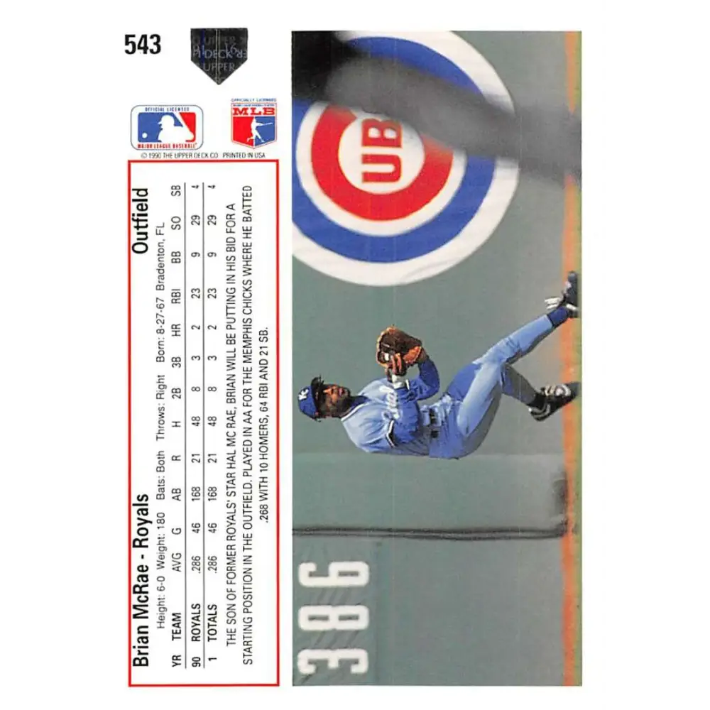 1991 Upper Deck #543 Brian McRae EX Excellent RC Rookie Kansas City Royals Baseball Card  Image 2