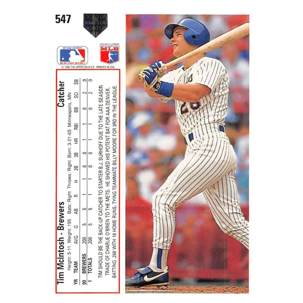 1991 Upper Deck #547 Tim McIntosh EX Excellent Milwaukee Brewers Baseball Card  Image 2