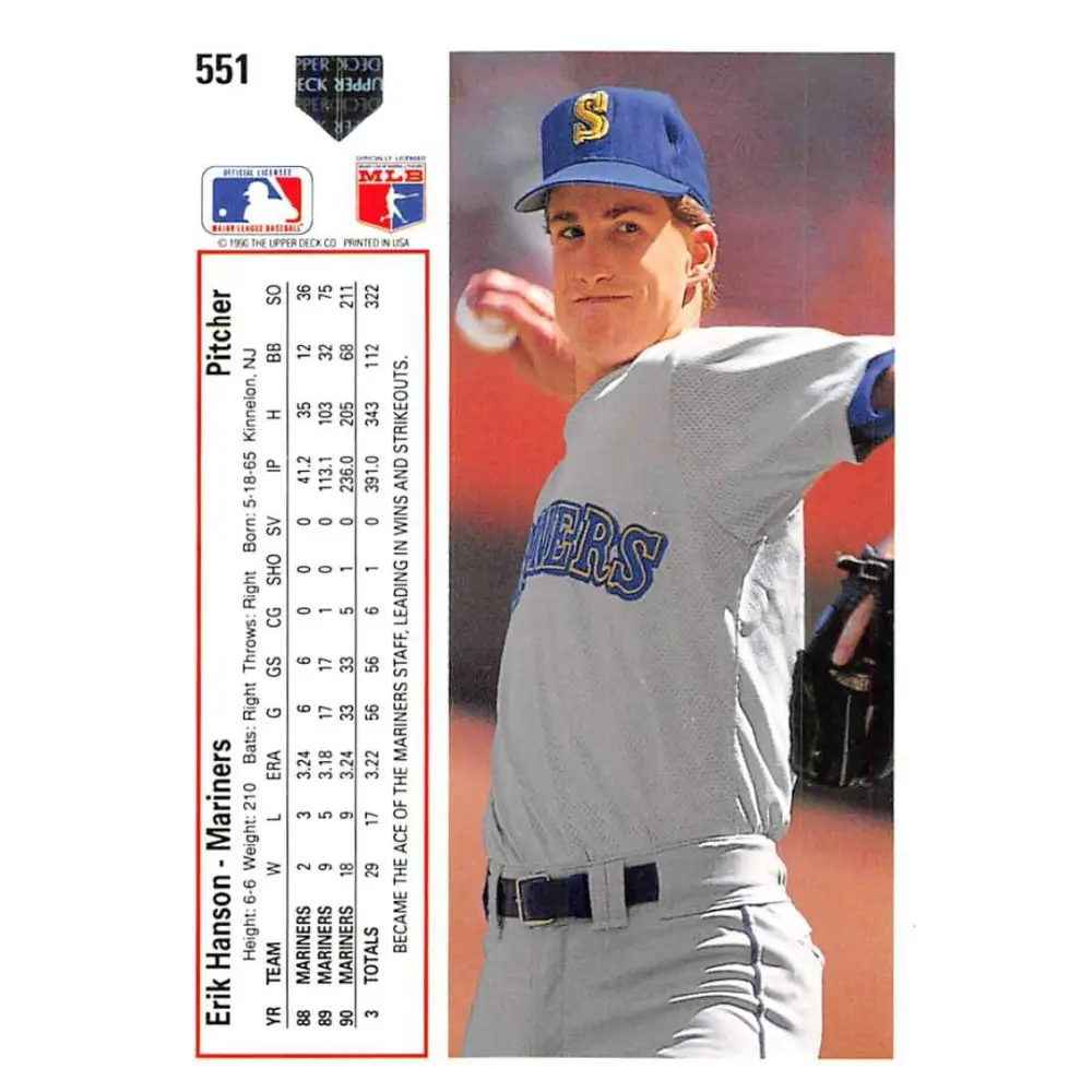 1991 Upper Deck #551 Erik Hanson EX Excellent Seattle Mariners Baseball Card  Image 2