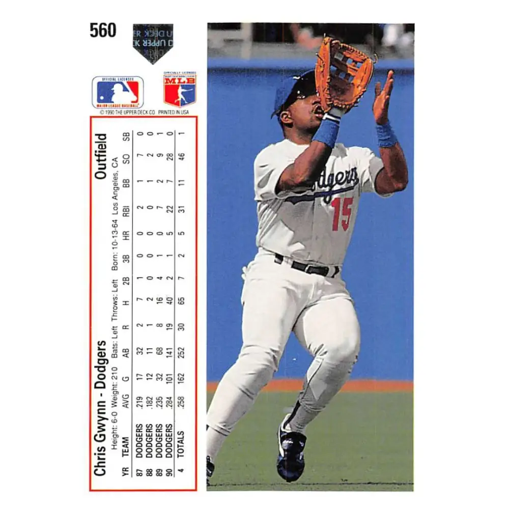 1991 Upper Deck #560 Chris Gwynn NM-MT Los Angeles Dodgers Baseball Card Image 2
