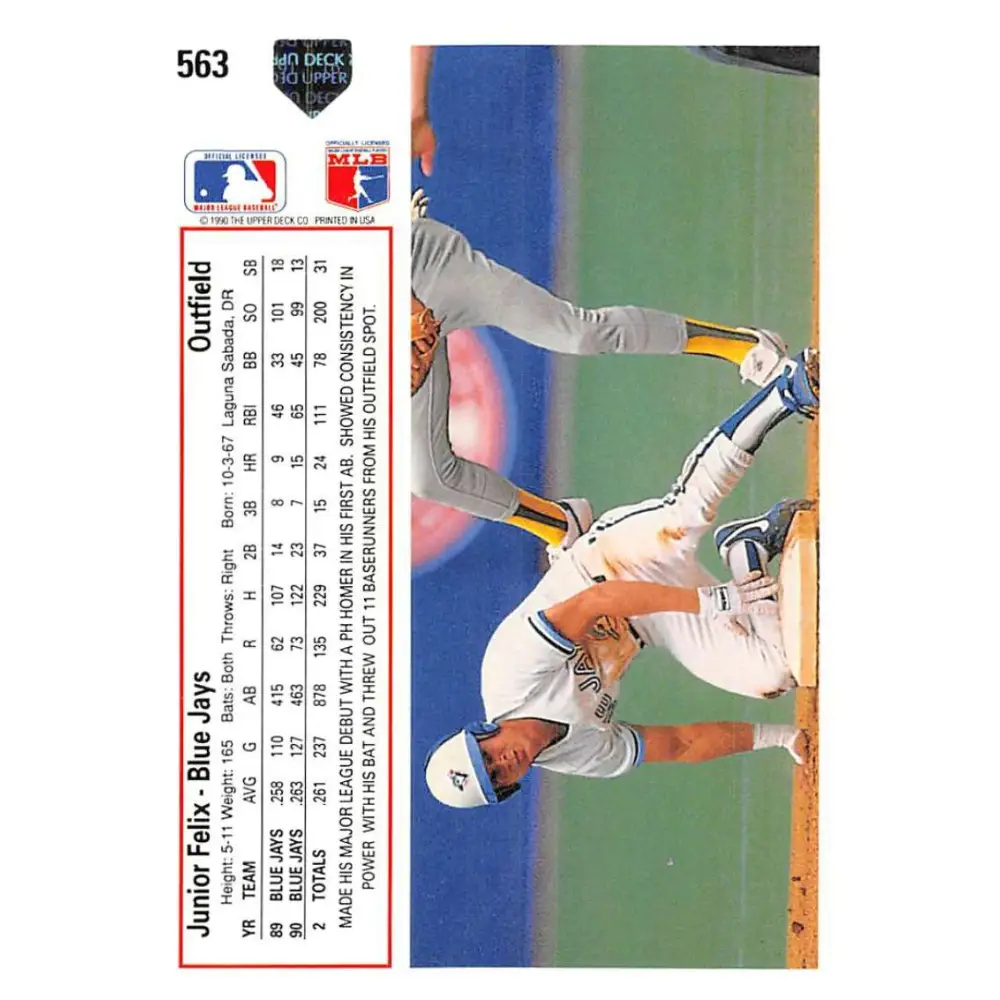 1991 Upper Deck #563 Junior Felix EX Excellent Toronto Blue Jays Baseball Card  Image 2