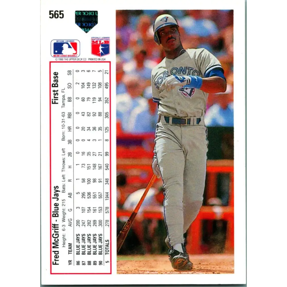 1991 Upper Deck #565 Fred McGriff EX Excellent Toronto Blue Jays Baseball Card  Image 2