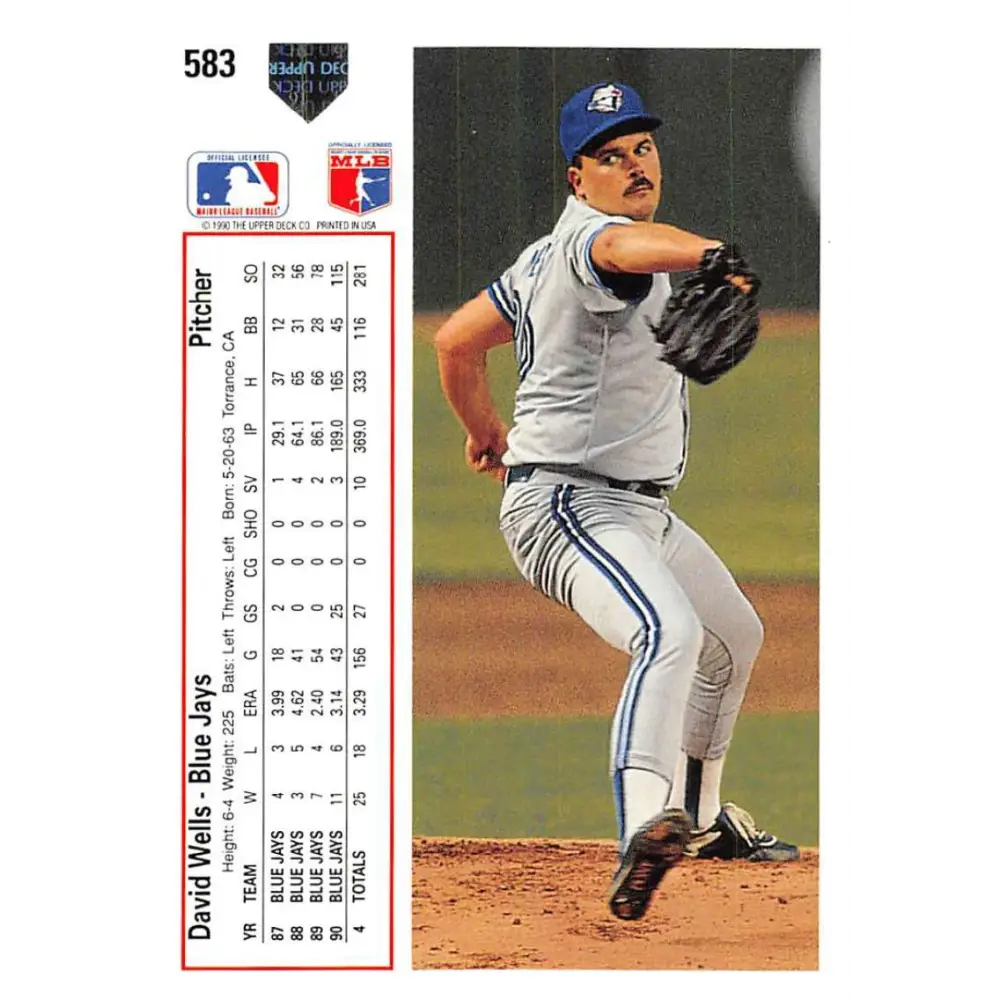 1991 Upper Deck #583 David Wells EX Excellent Toronto Blue Jays Baseball Card  Image 2