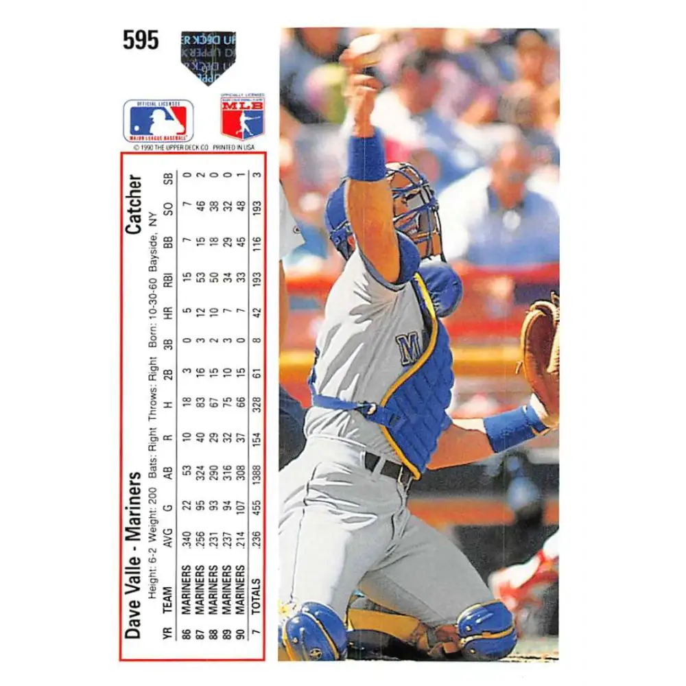 1991 Upper Deck #595 Dave Valle NM-MT Seattle Mariners Baseball Card Image 2
