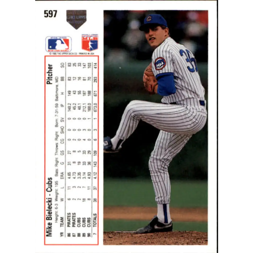1991 Upper Deck #597 Mike Bielecki EX Excellent Chicago Cubs Baseball Card  Image 2